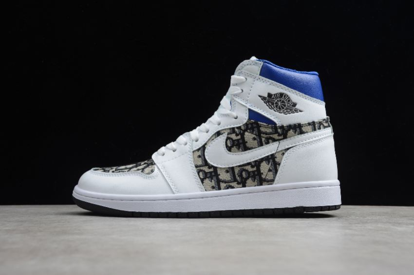 Men's Air Jordan 1 High Dior White Blue Black Basketball Shoes
