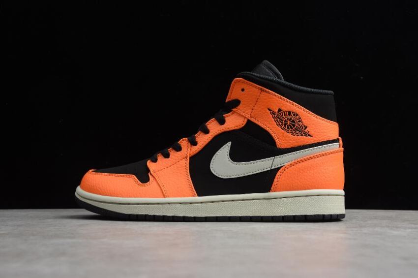 Men's Air Jordan 1 Mid SE Black Orange Cone Light Bone Basketball Shoes