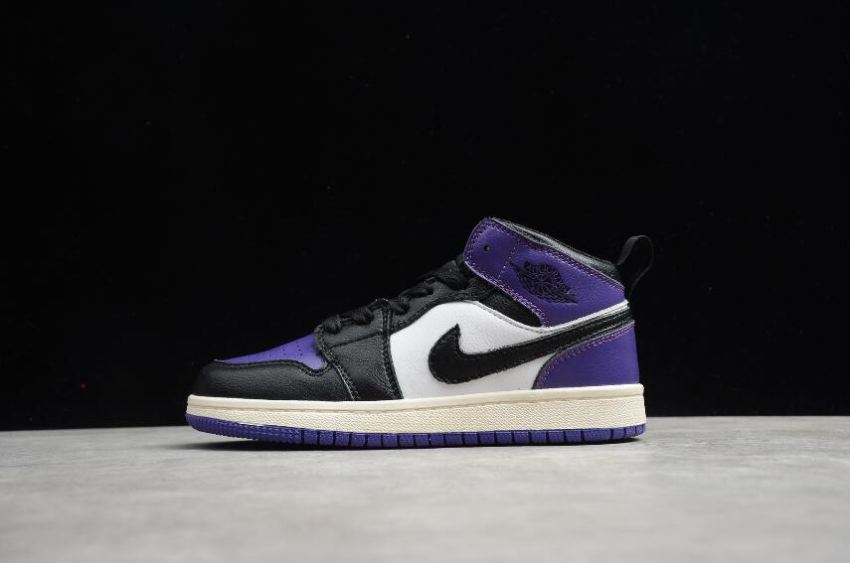 Kids Air Jordan 1 Mid Black Purple White Basketball Shoes