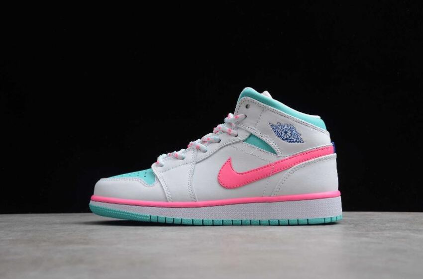 Women's Air Jordan 1 Mid SE GS White Digital Pink Aurora Green Soar Basketball Shoes