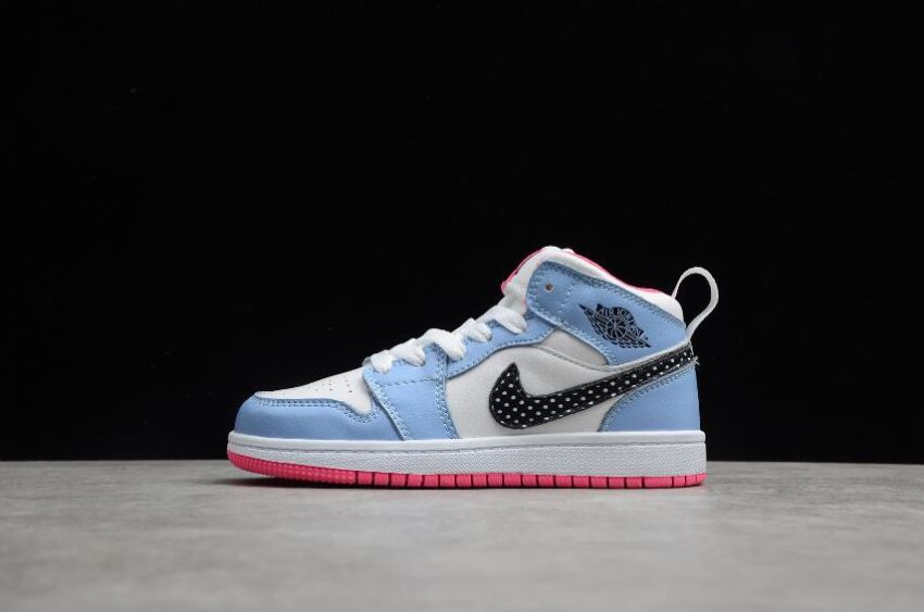 Kids Air Jordan 1 Mid White Blue Pink Basketball Shoes