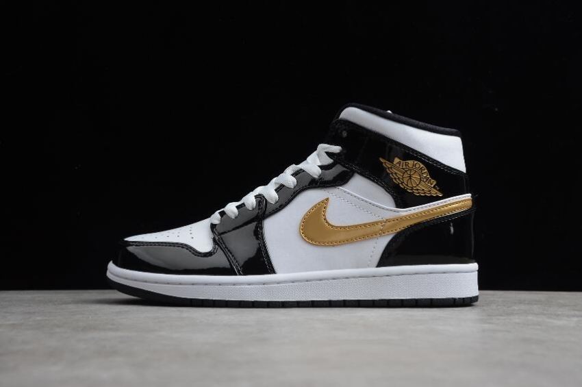 Men's Air Jordan 1 Mid SE Black Metallic Gold White Basketball Shoes