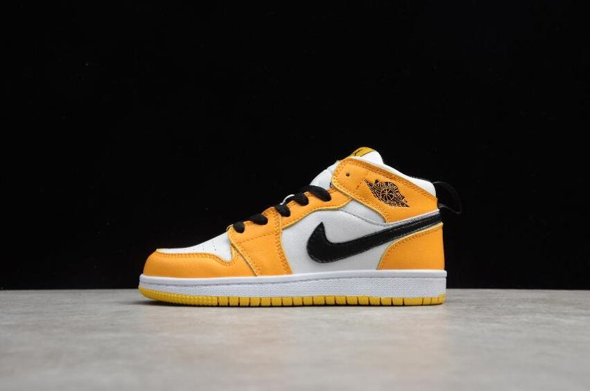 Kids Air Jordan 1 Mid Laker White Yellow Black Basketball Shoes