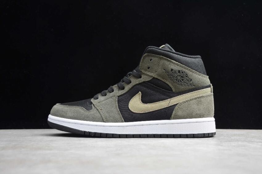 Women's Air Jordan 1 Mid Black Trooper Sequoia Basketball Shoes