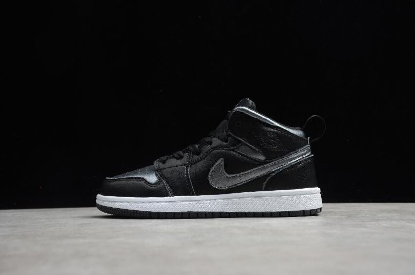 Kids Air Jordan 1 Mid Black Silver White Basketball Shoes