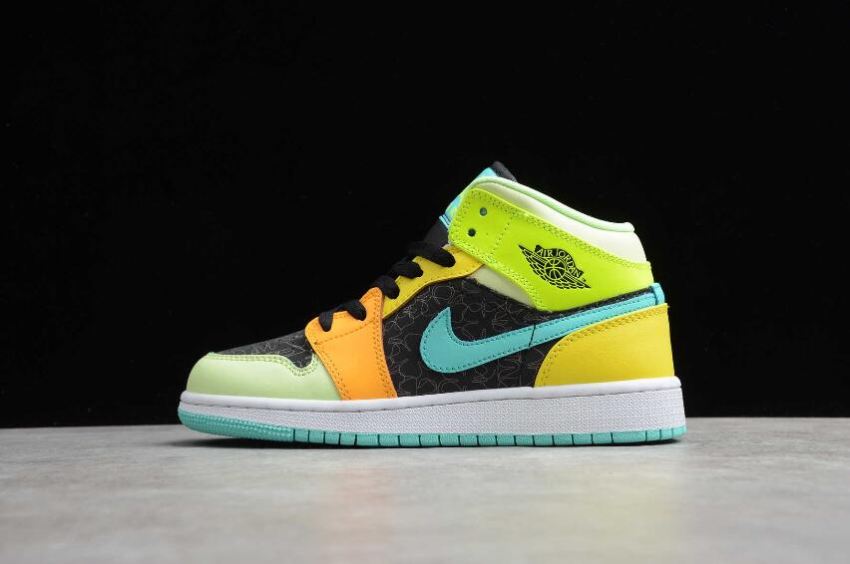 Women's Air Jordan 1 Mid SE GS Black Aurora Green Opti Yellow Basketball Shoes