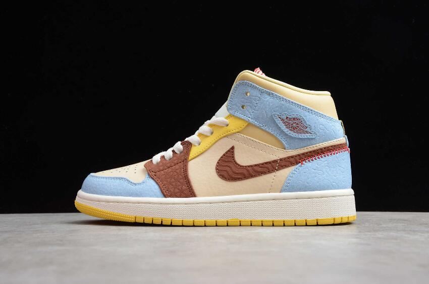 Women's Air Jordan 1 Mid Fearless GS Rice Black Brown Basketball Shoes