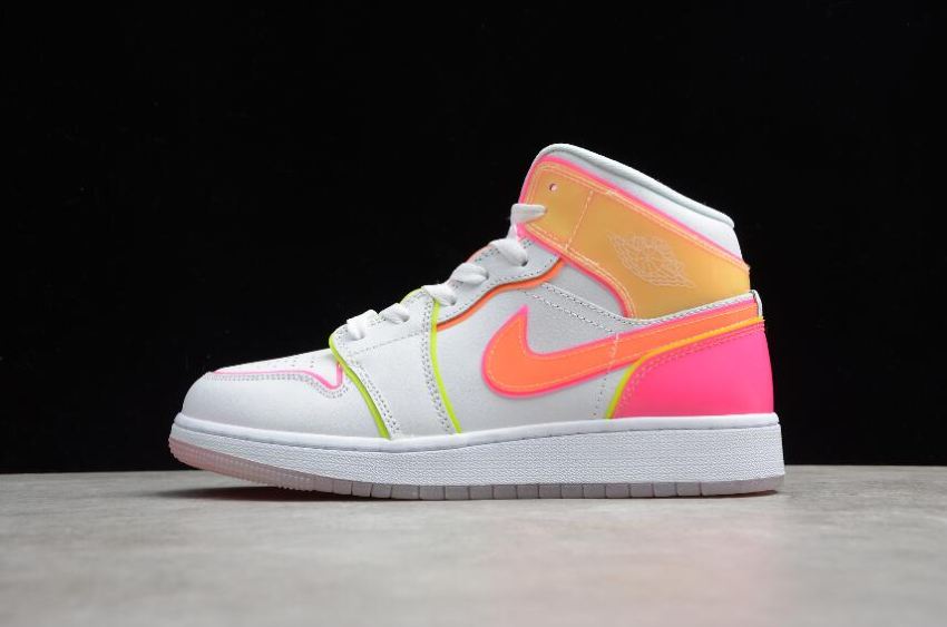 Men's Air Jordan 1 Mid Edge Glow GS White Hyper Crimson Pink Blast Basketball Shoes