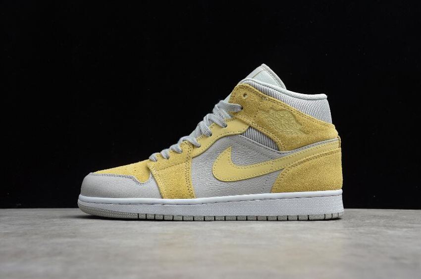 Women's Air Jordan 1 Mid Grey Fog Lemon Wash White Basketball Shoes