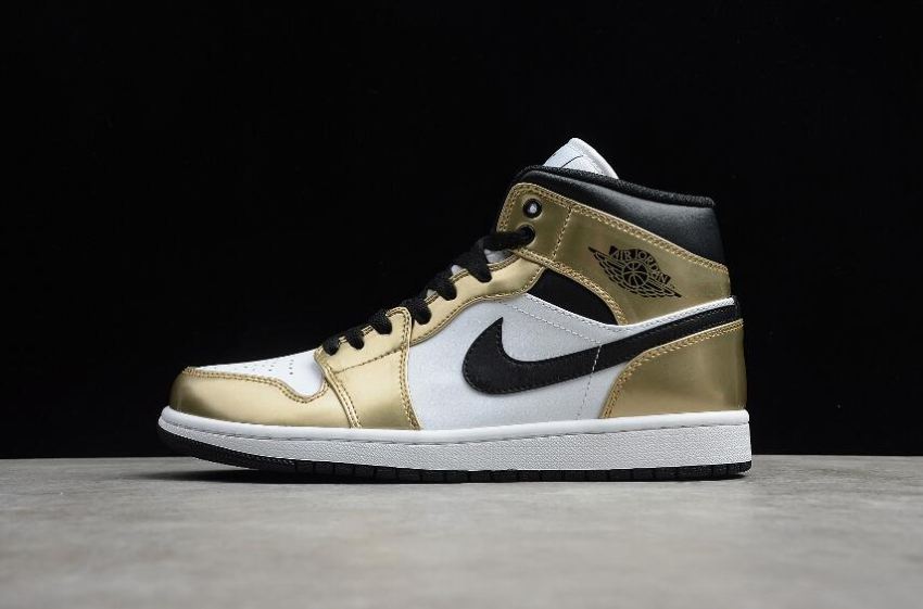 Women's Air Jordan 1 Mid Metallic Gold Black White Basketball Shoes