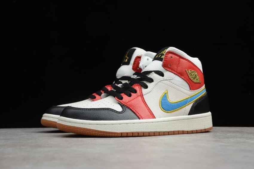 Men's Air Jordan 1 Mid SE Rice White Red Black Blue Basketball Shoes