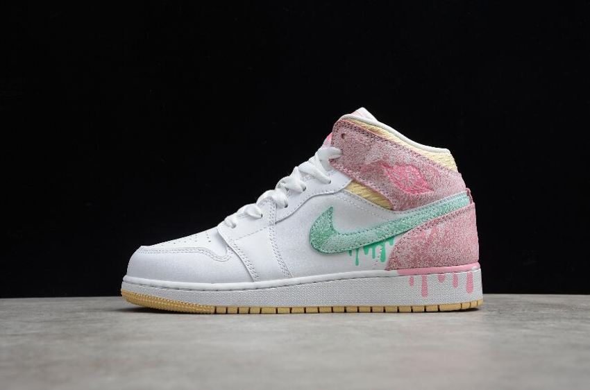 Women's Air Jordan 1 Mid SE GS White Green Glow Arctic Punch Shoes Basketball Shoes