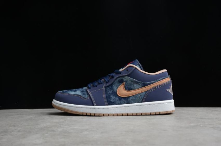 Women's Air Jordan 1 Low Denim Midnight Navy University Red-White-Hemp Basketball Shoes