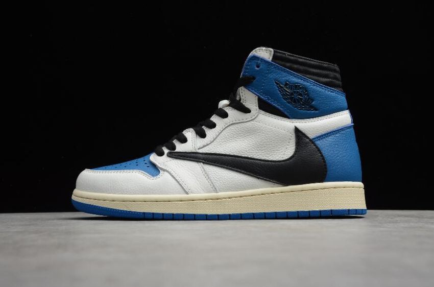 Men's Travis Scott x Fragment x Air Jordan 1 Retro High OG White Black Military Blue Basketball Shoes