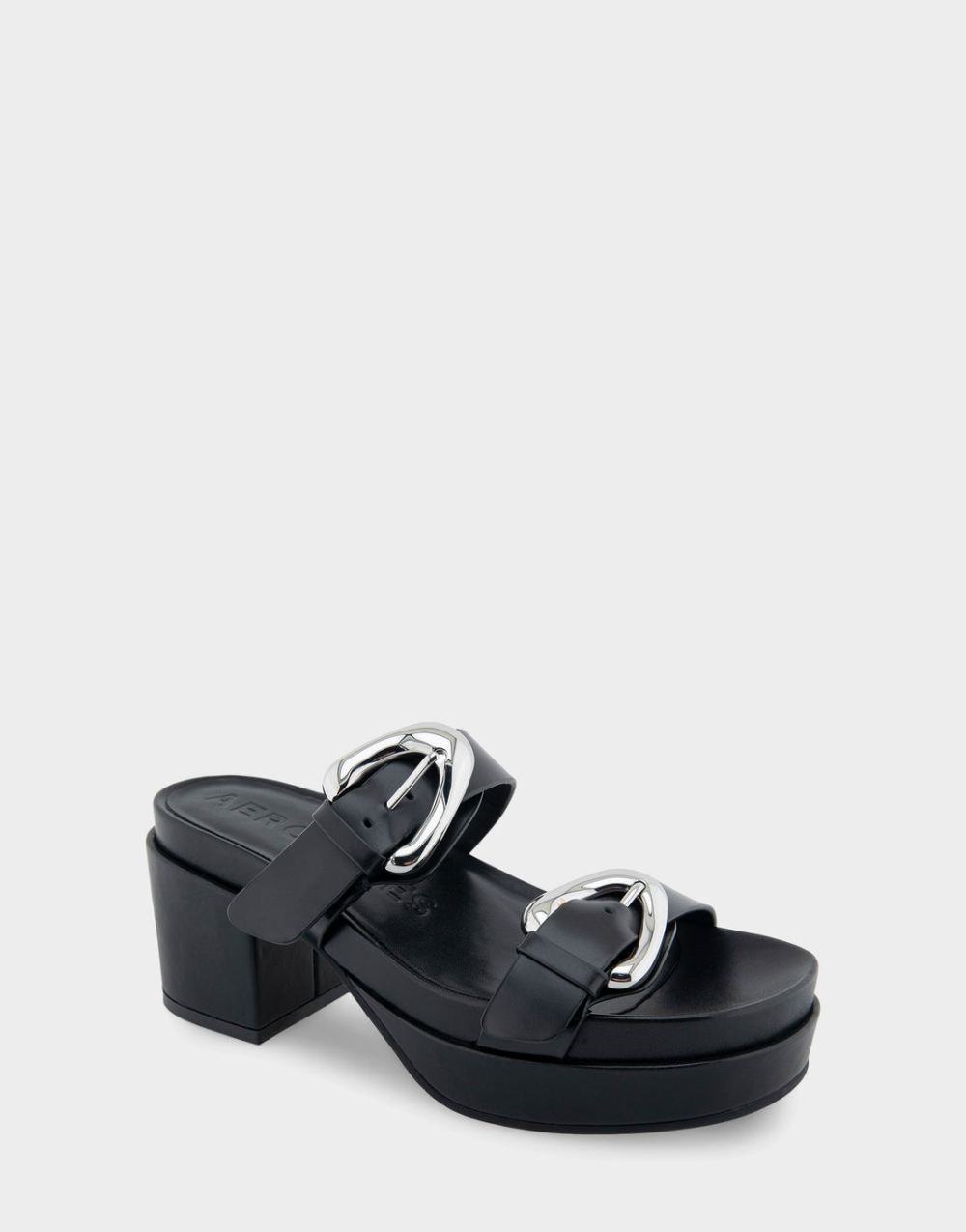 Aerosoles Women's Chance Black Leather Molded Footbed Platform Slide Sandal