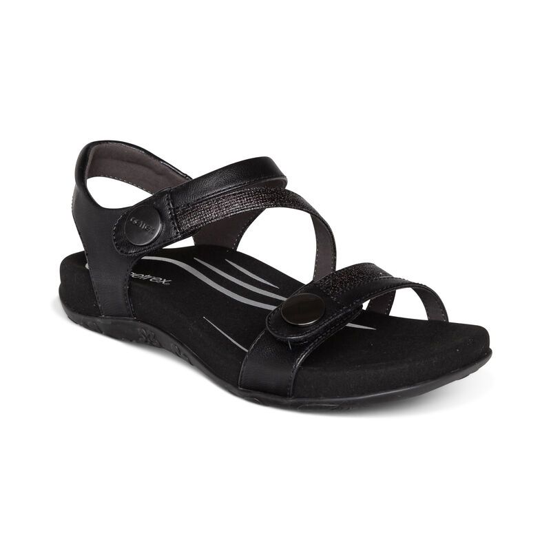 Aetrex | Women's Jess Adjustable Quarter Strap Sandal-Black | New Arrivals