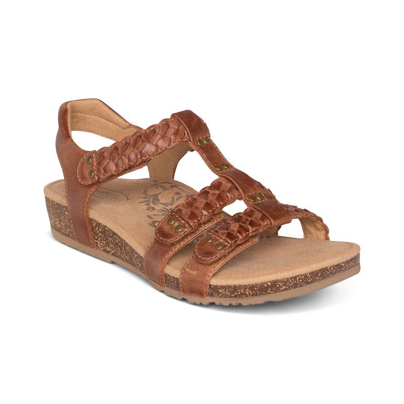 Aetrex | Women's Reese Adjustable Gladiator Sandal-Cognac/Brown | New Arrivals