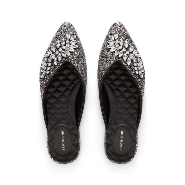 Birdies - Women's The Swan-Jeweled Black Sparkle Slide-Jeweled Gunmetal Sparkle