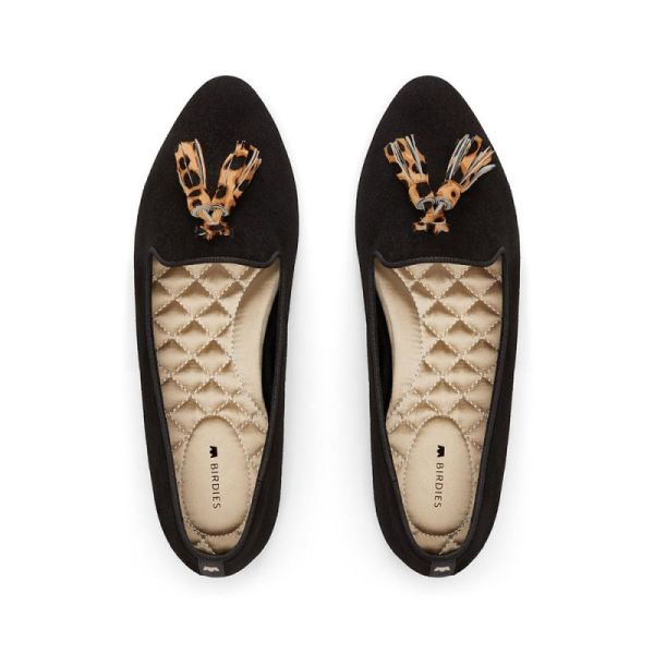 Birdies - Women's The Blackbird-Black Suede Cheetah Print Tassel Flat-Black Cheetah Tassel