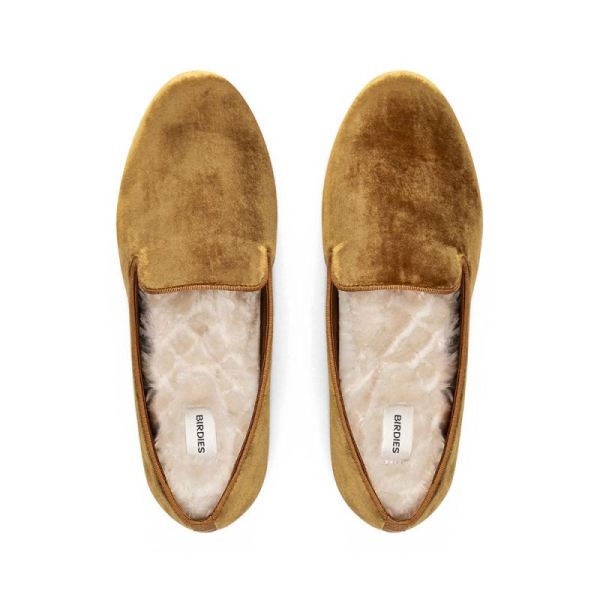 Birdies - Women's The Starling-Gold Velvet Faux Fur Flat-Amber Faux Fur