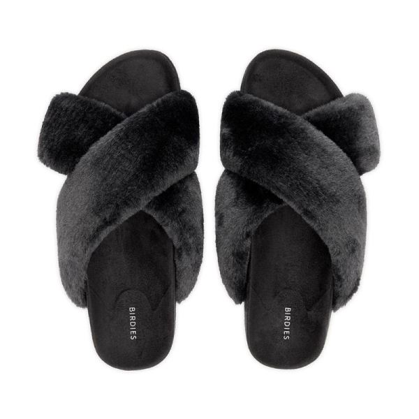 Birdies - Women's The Robin-Black Faux Fur Slide-Black Faux Fur