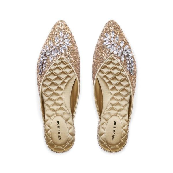 Birdies - Women's The Swan-Jeweled Gold Sparkle Slide-Jeweled Gold Sparkle