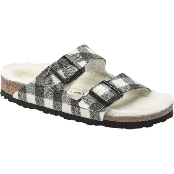 Women's Birkenstock Arizona Shearling Two Strap Slide Plaid White/Natural Wool