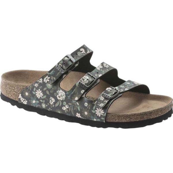 Women's Birkenstock Florida Fresh Vegan Strappy Slide Magical Flower Dark Teal Birko-Flor