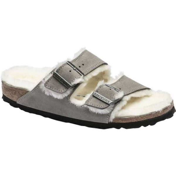 Women's Birkenstock Arizona Shearling Slide Stone Coin/Natural Suede/Shearling