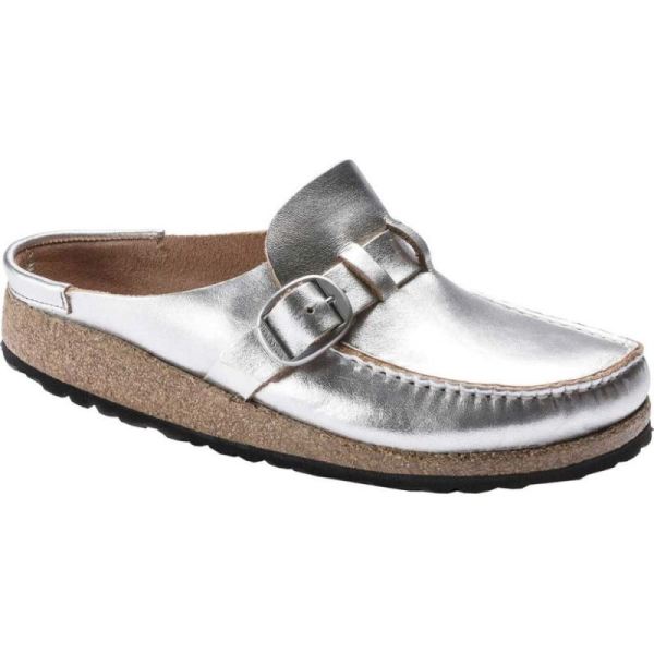Women's Birkenstock Buckley Moc Toe Metallic Clog Silver Leather 2