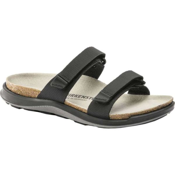 Women's Birkenstock Sahara Two Band Birko-Flor Slide Futura Black Birko-Flor