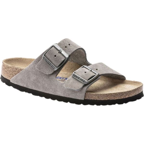 Women's Birkenstock Arizona Suede Soft Footbed Two Strap Slide Stone Coin Suede