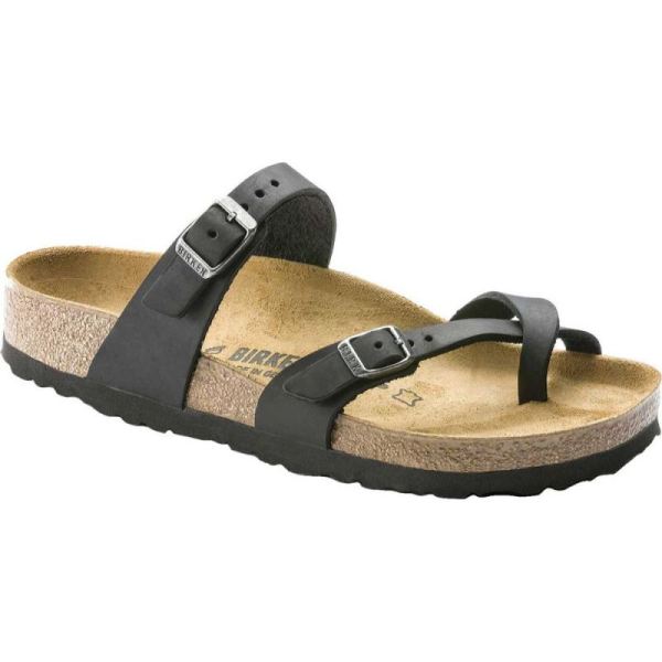 Women's Birkenstock Mayari Oiled Leather Thong Sandal Black Oiled Leather - Click Image to Close