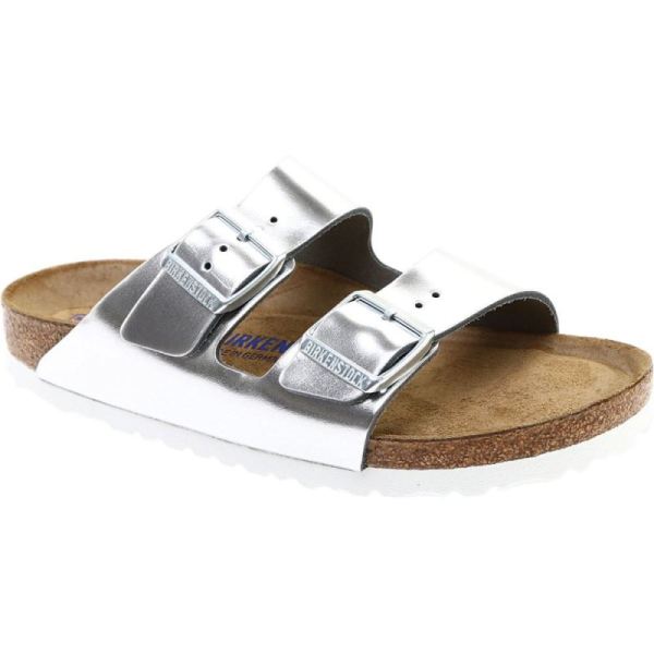 Women's Birkenstock Arizona Soft Footbed Leather Slide Metallic Silver Leather