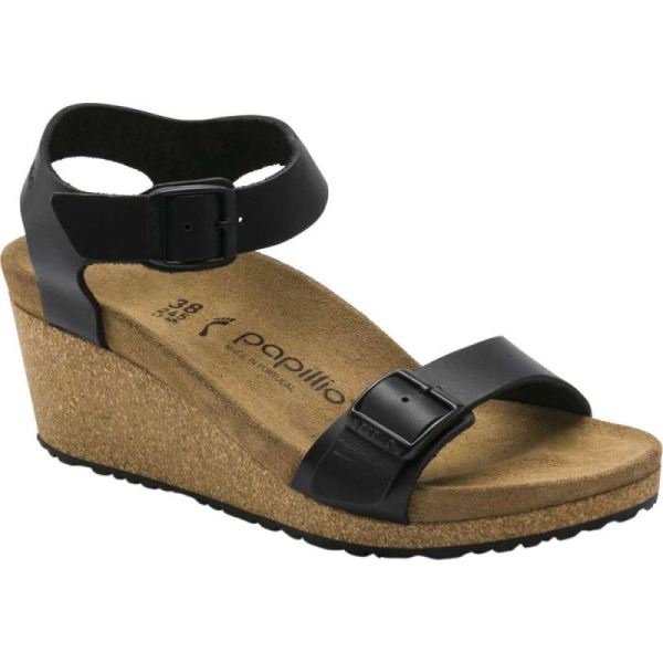 Women's Birkenstock Papillio Soley Ankle Strap Wedge Sandal Black Leather