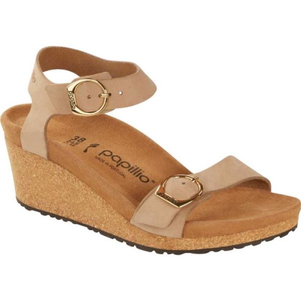 Women's Birkenstock Papillio Soley Ankle Strap Wedge Sandal Sandcastle Nubuck