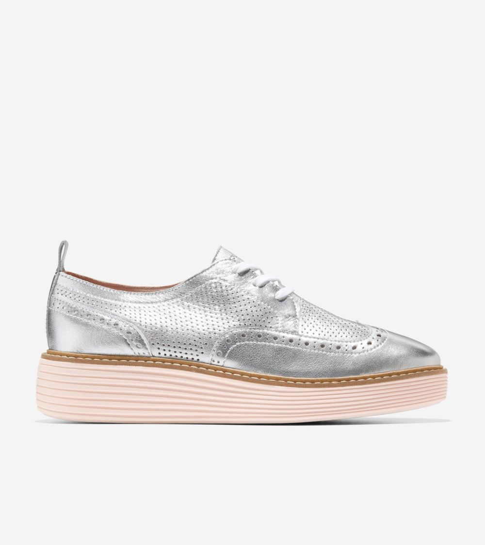 Cole Haan Free Shipping Women's OriginalGrand Platform Wingtip Oxford - Silver Talca-Rose Smoke