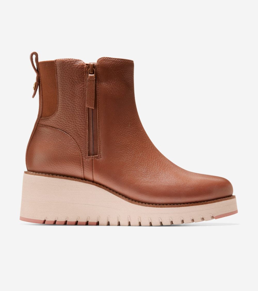 Cole Haan Free Shipping Women's ZEROGRAND City Wedge Side Zip Boot - British Tan-Ivory