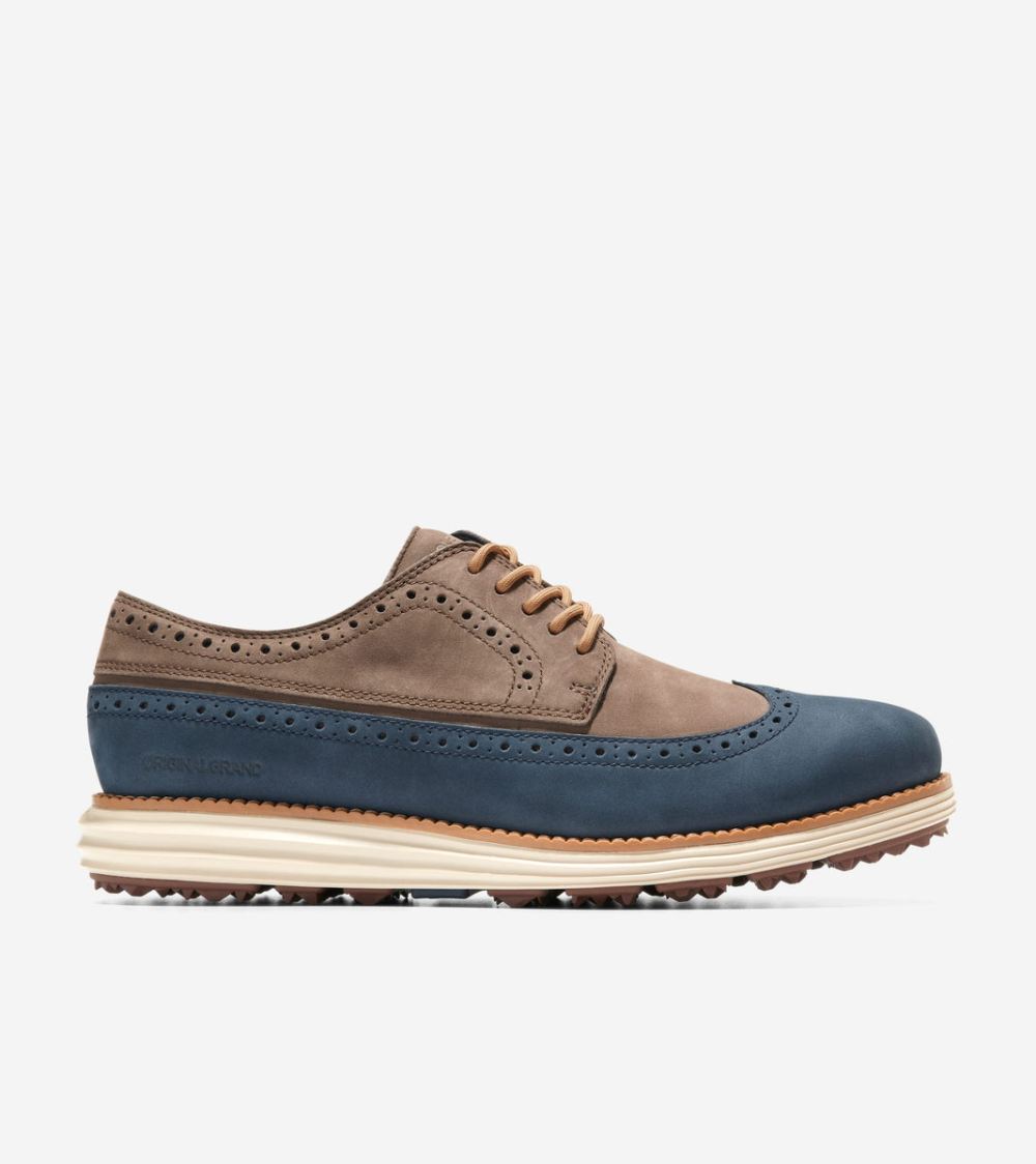 Cole Haan Free Shipping Men's OriginalGrand Wingtip Oxford Golf Shoe - Truffle-Navy Blazer-Alabaster Gleam
