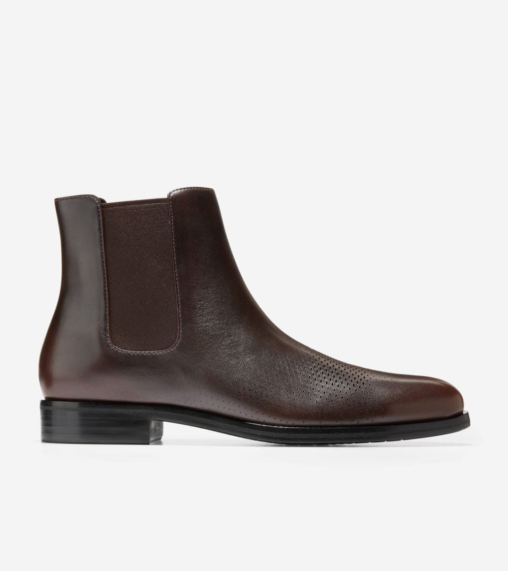 Cole Haan Free Shipping Men's Washington Grand Laser Chelsea Boots - Dark Chocolate-Black