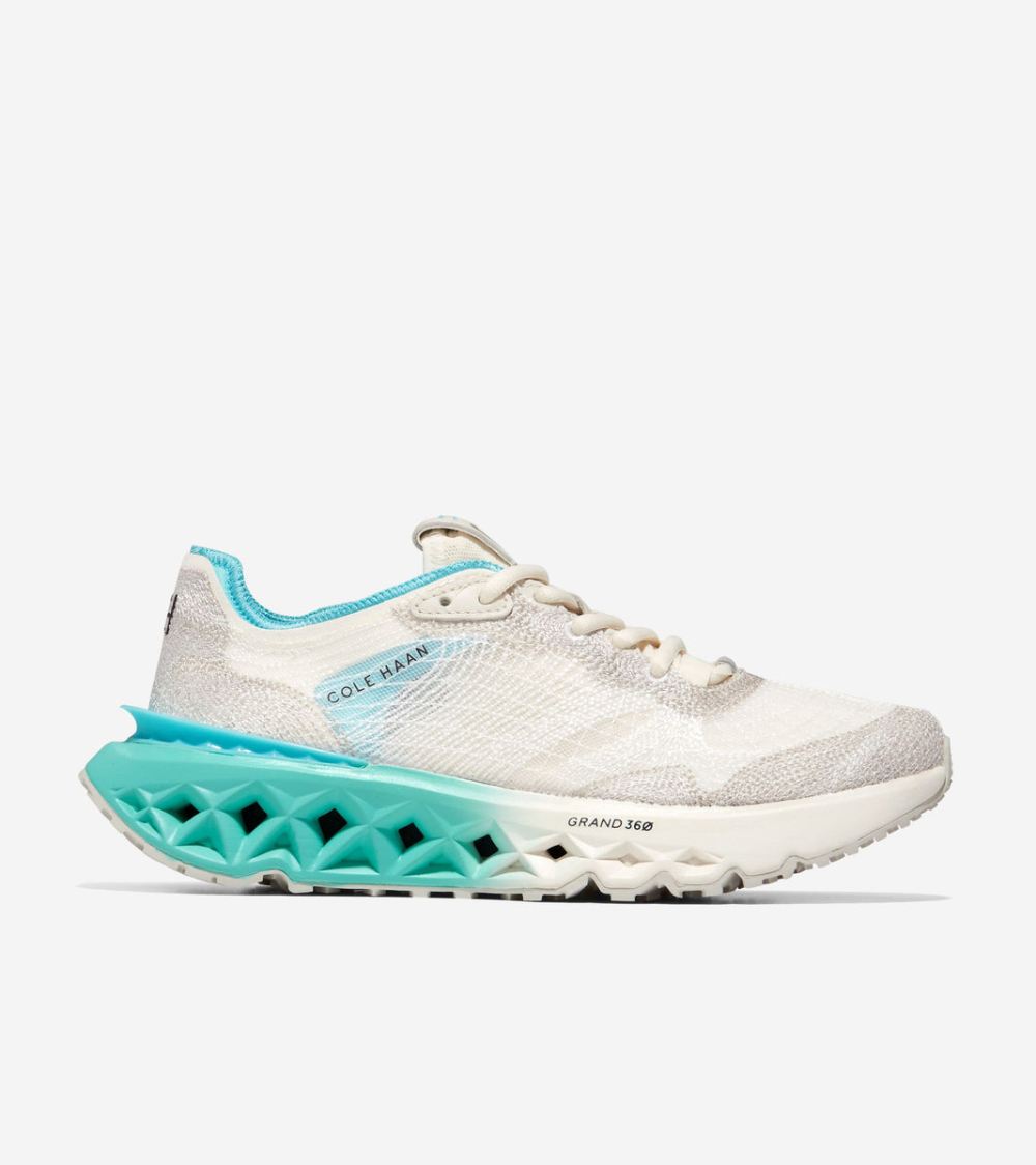 Cole Haan Free Shipping Women's 5.ZEROGRAND Embrostitch Running Shoe - Ivory-Silver Birch-Turquoise-Caribbean Blue