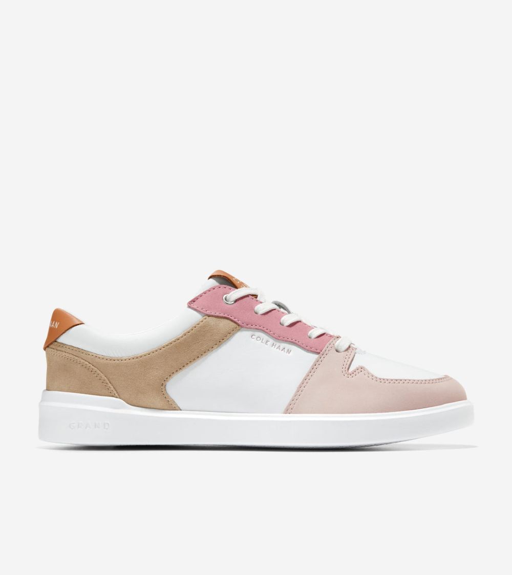 Cole Haan Free Shipping Women's Grand Crosscourt Tennis Sneaker - White-Sesame-Rose Smoke-Natural Tan