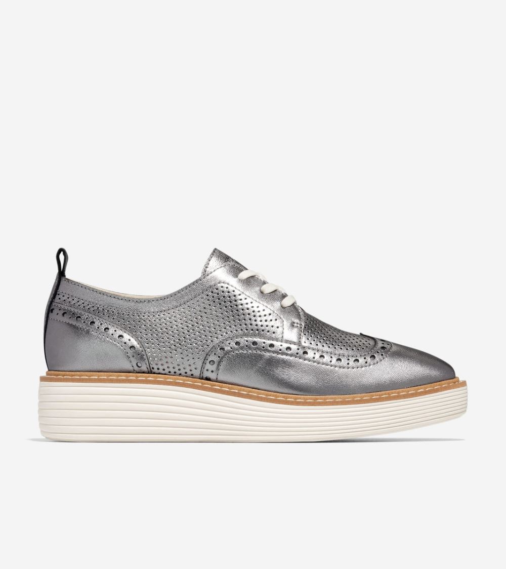 Cole Haan Free Shipping Women's OriginalGrand Platform Wingtip Oxfords - Pewter Metallic
