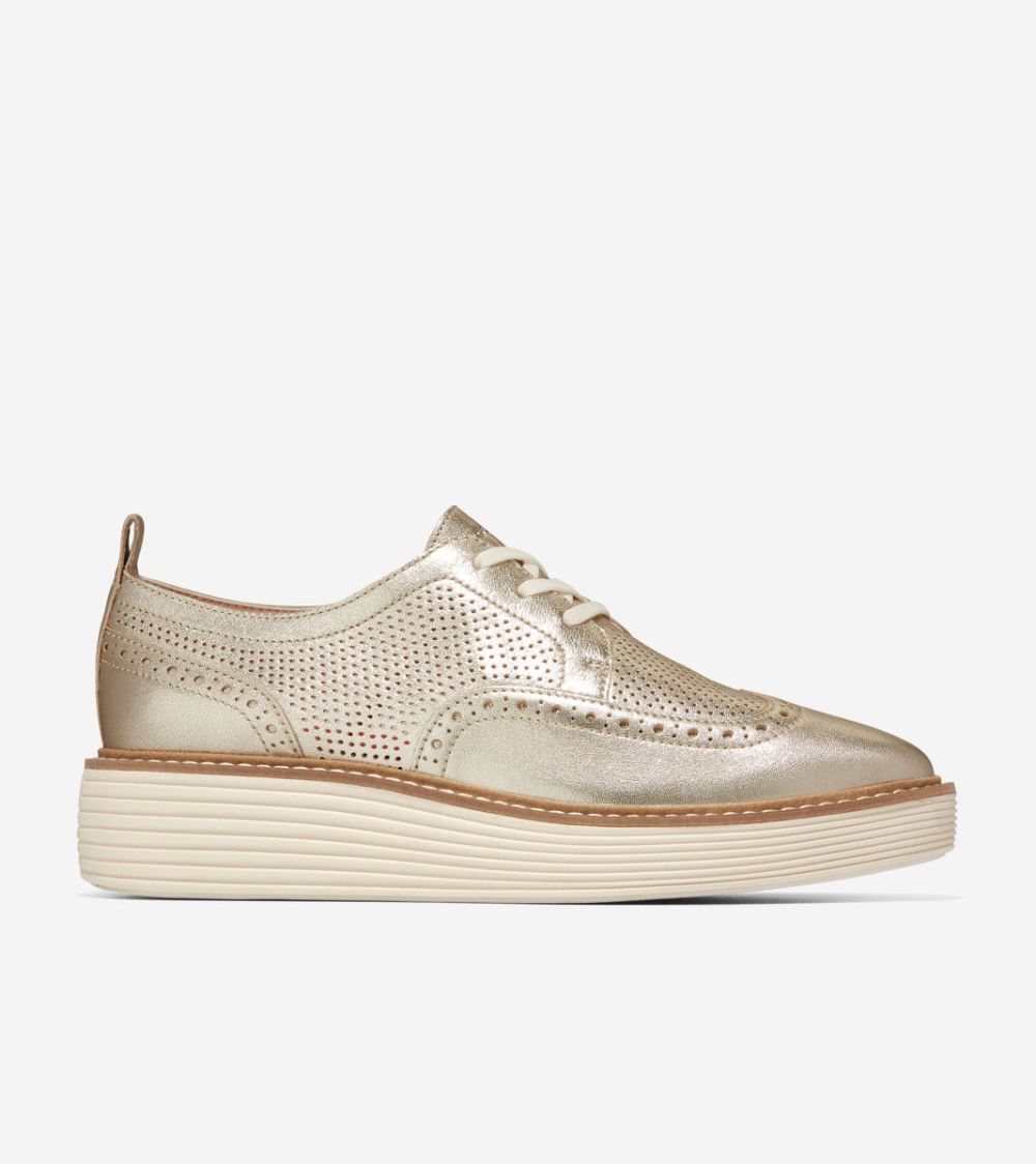 Cole Haan Free Shipping Women's OriginalGrand Platform Wingtip Oxford - Gold Talca-Ivory