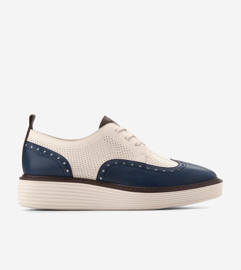 Cole Haan Free Shipping Women's OriginalGrand Platform Wingtip Oxfords - Blue Wing Teal-Ivory