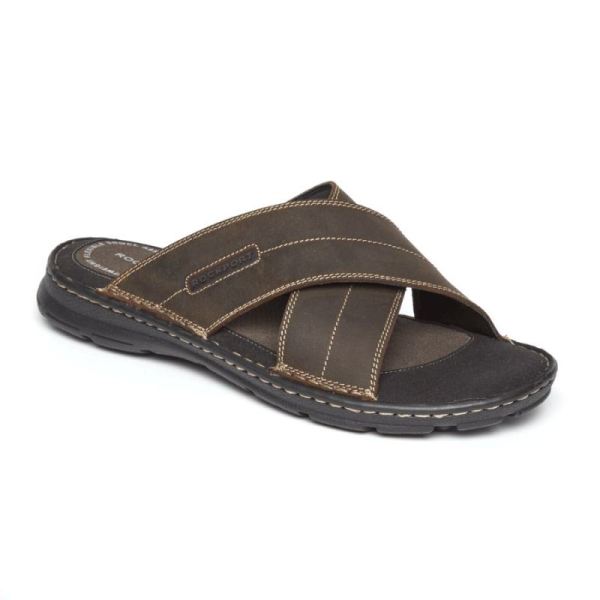 ROCKPORT DARWYN CROSS BAND SLIDE SANDAL-BROWN II LEATHER