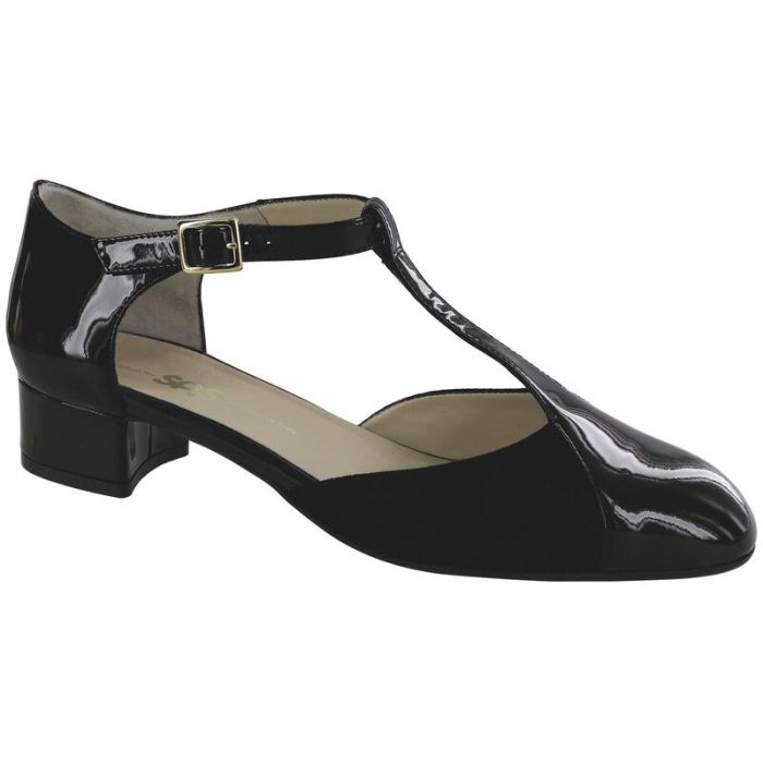 SAS Women's Sybil Block Heel T-Strap-Black Suede / Black Patent