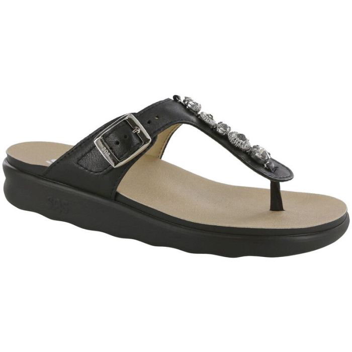 SAS Women's Dazzle T-Strap Slide Sandal-Black Silver