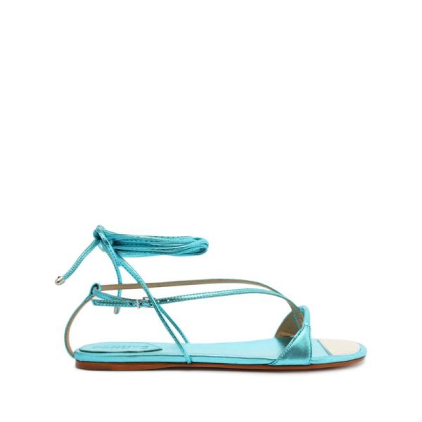 Schutz | Vikki Flat Metallic Leather Sandal-Turquesa