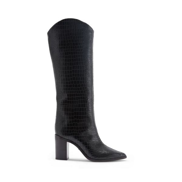 Schutz | Analeah Pointed Toe Block Heel Boot in Croco -Black